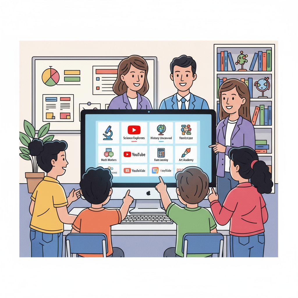 A group of animated characters representing students and teachers looking at a computer screen showing various YouTube educational channels YouTube teachers, subject teaching, and recommendations - Finding educational channels on YouTube