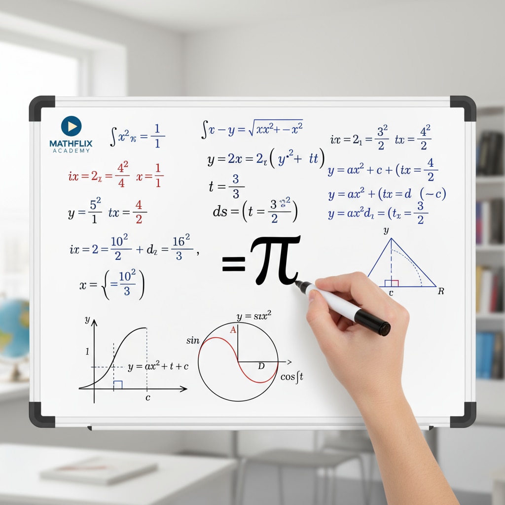 A whiteboard with various math equations and a hand holding a marker, representing the teaching of math on YouTube YouTube teachers, subject teaching, and recommendations - Math teaching on YouTube