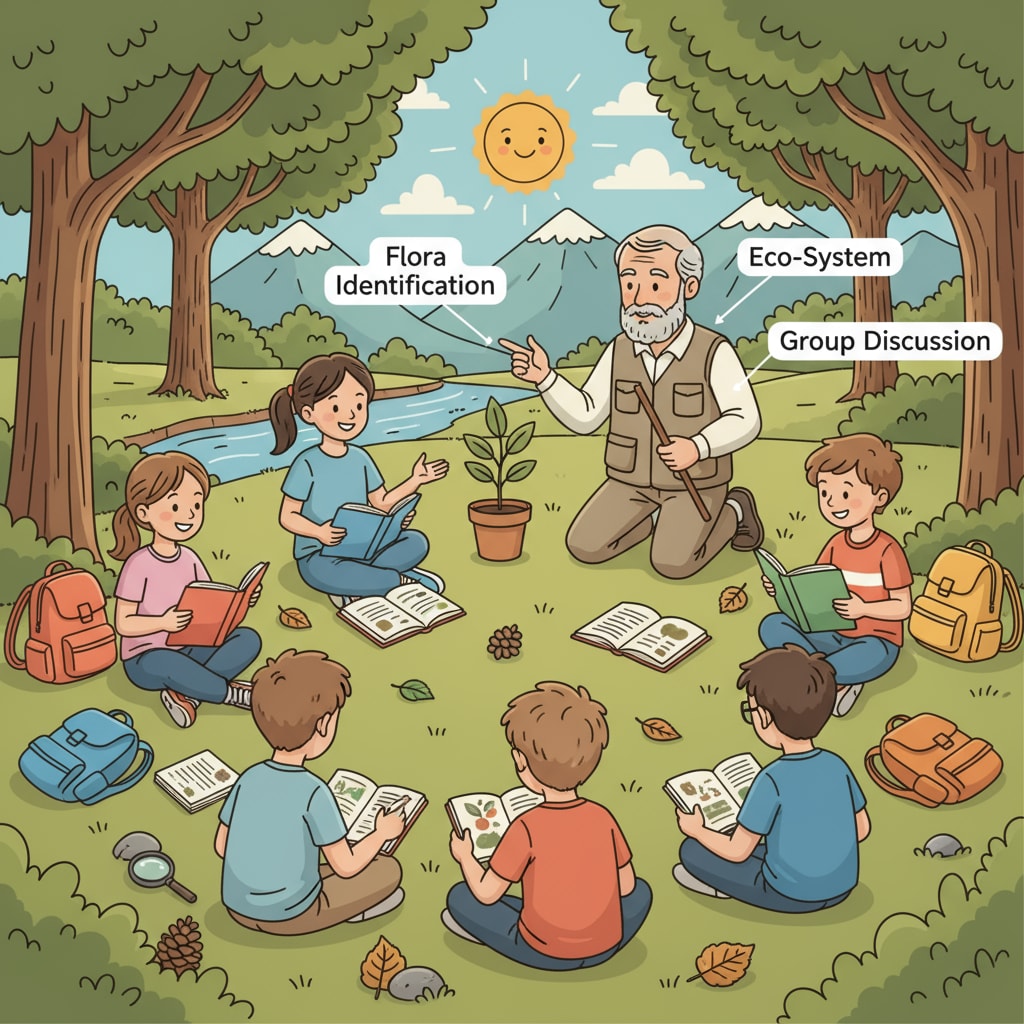 A group of students sitting in a circle, interacting and learning during an outdoor education session at a camp. Students in an outdoor education session related to school contracts and Camp Ramah