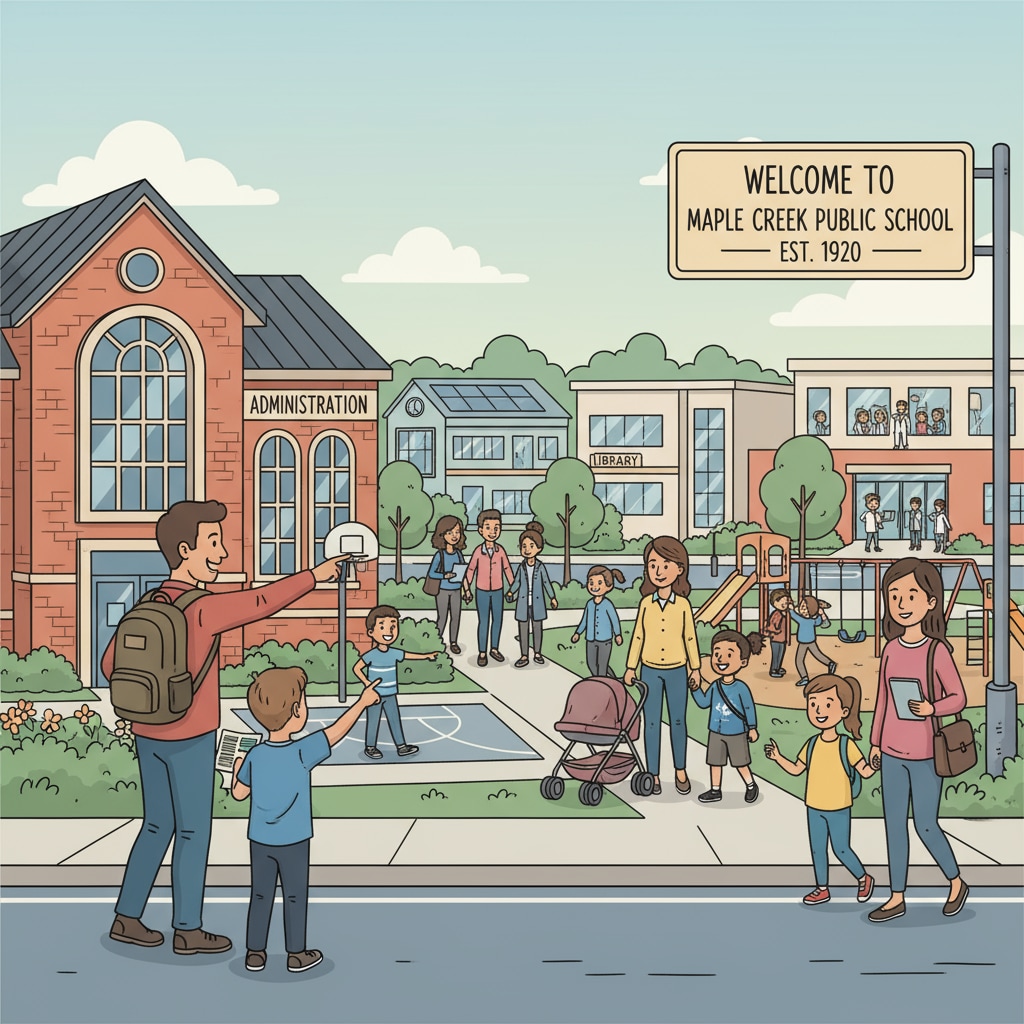 A group of parents and children are walking around a public school campus, looking at the buildings and facilities. Parents and children exploring a public school during a school visit for educational choice.