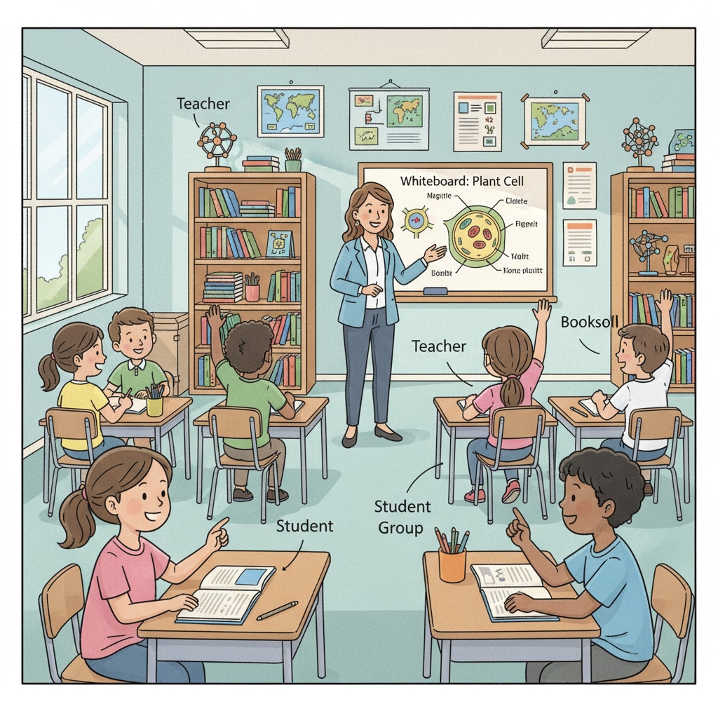 A classroom scene where students are actively participating in a lesson, raising their hands and interacting with the teacher. Students engaged in a lesson during a public school visit for educational decision-making.