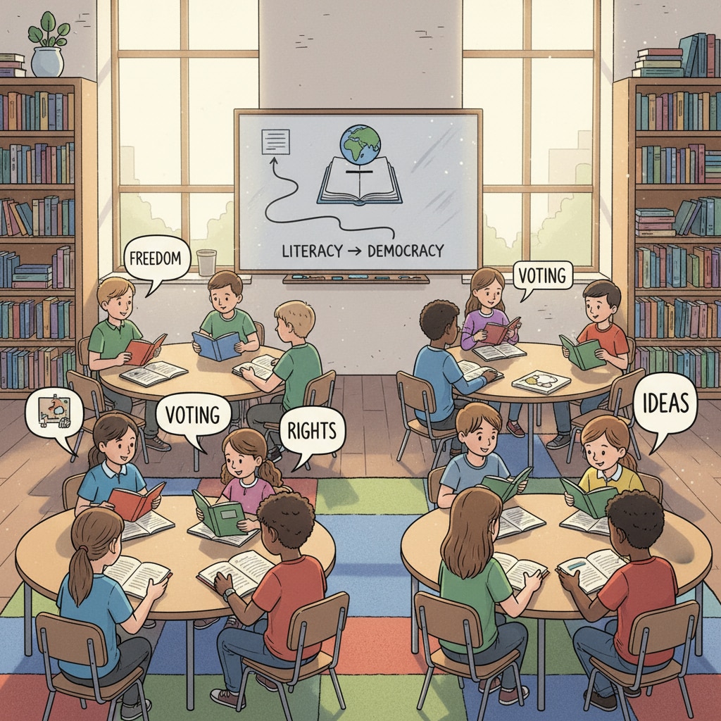 A classroom scene where students are discussing democratic ideas while reading books, highlighting the connection between literacy and democracy Classroom scene showing the link between literacy, democracy, and reading habits