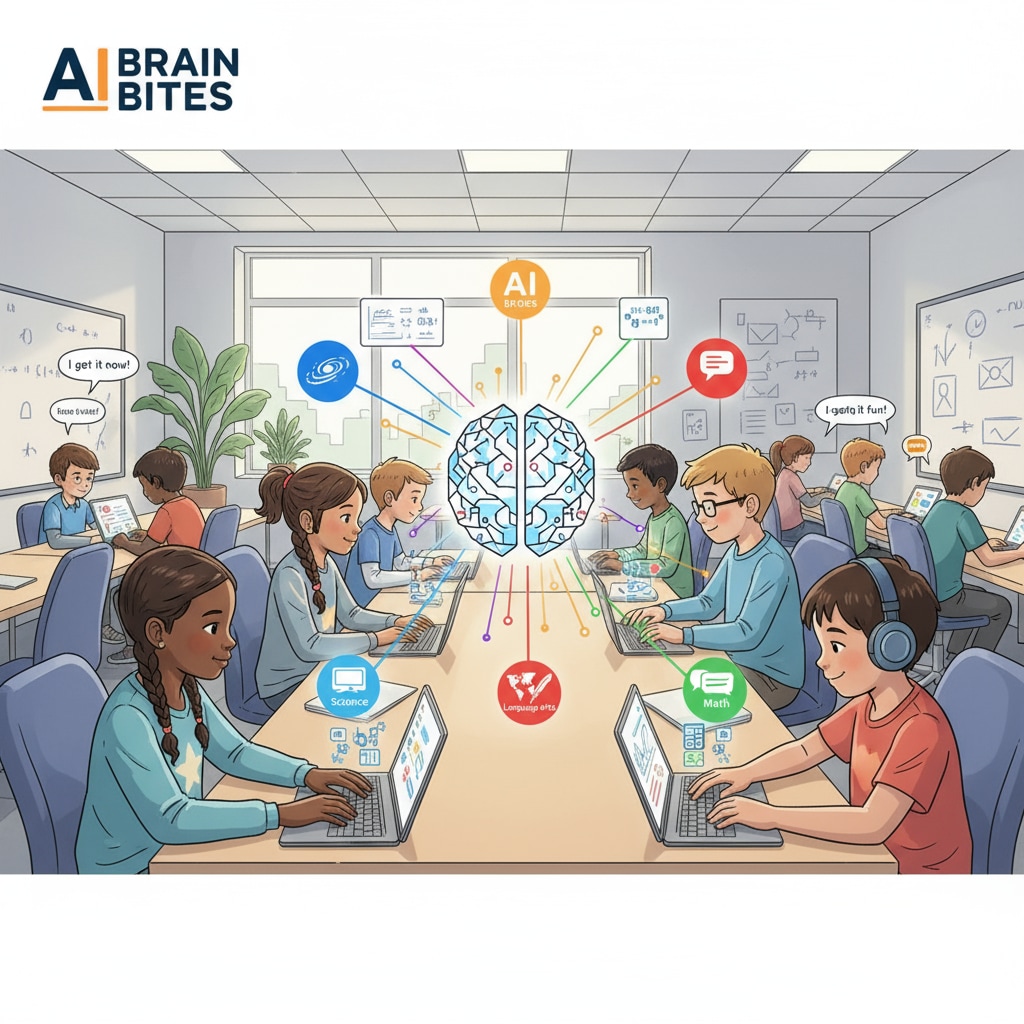 An illustration depicts students using tablets and laptops with the AI Brain Bites interface to study various school subjects like math, science, and language arts. Students using AI Brain Bites as an educational learning tool in K12 education
