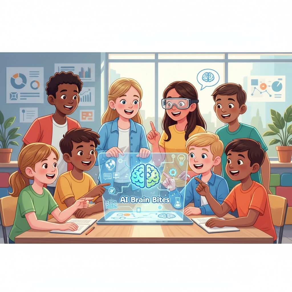 A group of students of different ages are shown smiling and collaborating while using AI Brain Bites on a shared device, indicating their enjoyment in the learning process. Happy students engaging with AI Brain Bites as an innovative educational tool in K12