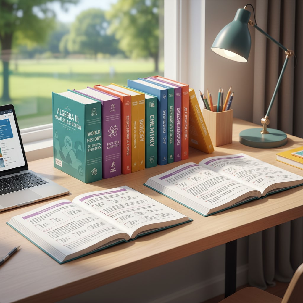 A collection of high school review workbooks neatly arranged on a study desk, showing various titles related to different subjects. High school basic knowledge review workbooks on a study desk