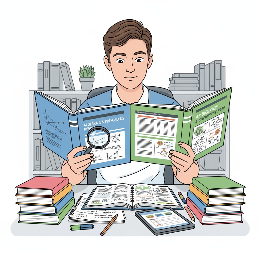 A student comparing different high school review workbooks, looking at the content and features of each. Student comparing high school basic knowledge review workbooks