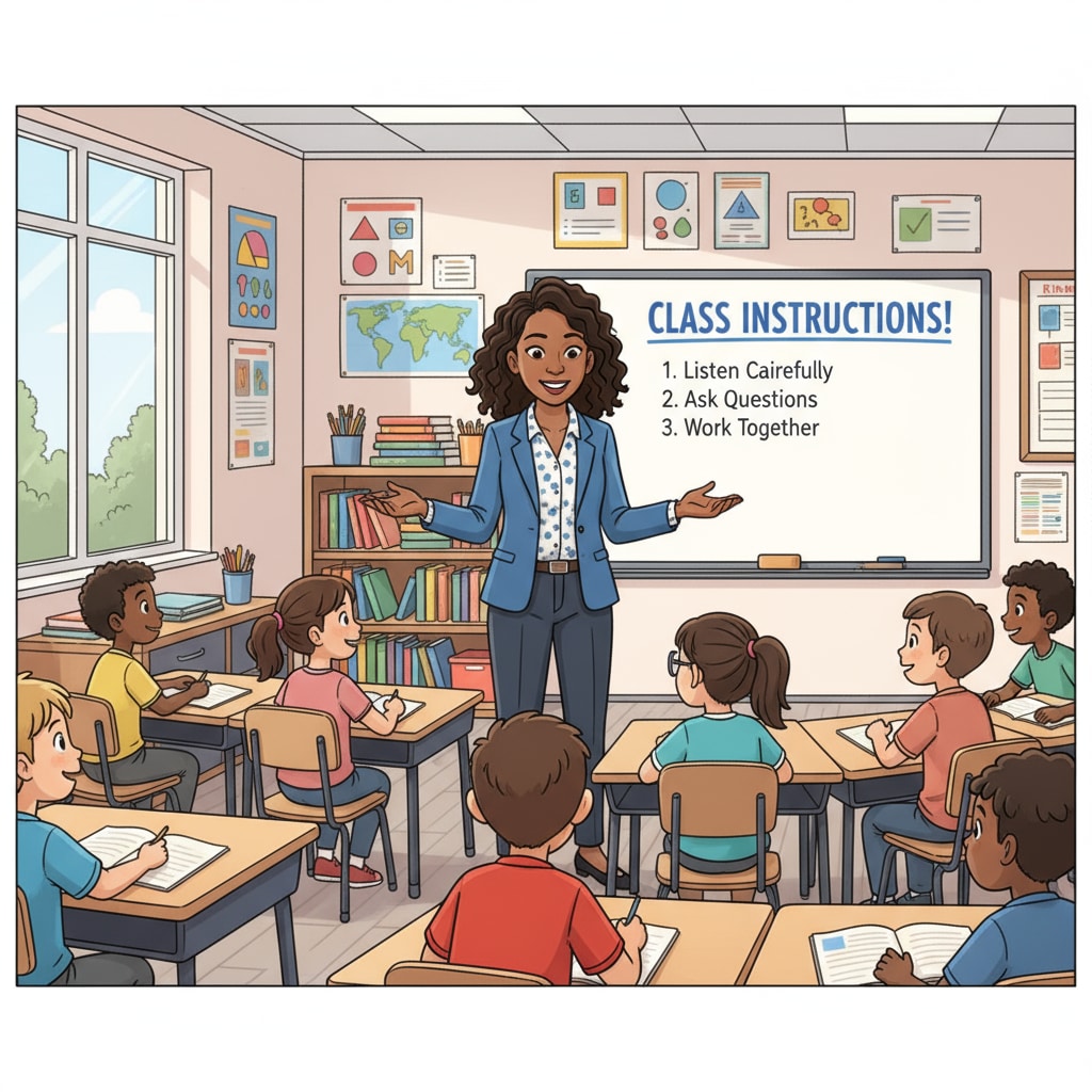 A teacher is standing in front of the class, using gestures and clear expressions to explain instructions to students. The students are looking at the teacher attentively. A teacher explaining instructions to students in a classroom, related to classroom instructions, student behavior, special education, and teaching strategies
