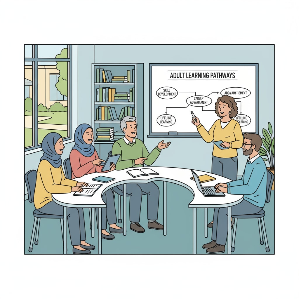 Adult students interacting with an instructor at a community college for an affordable high school diploma.