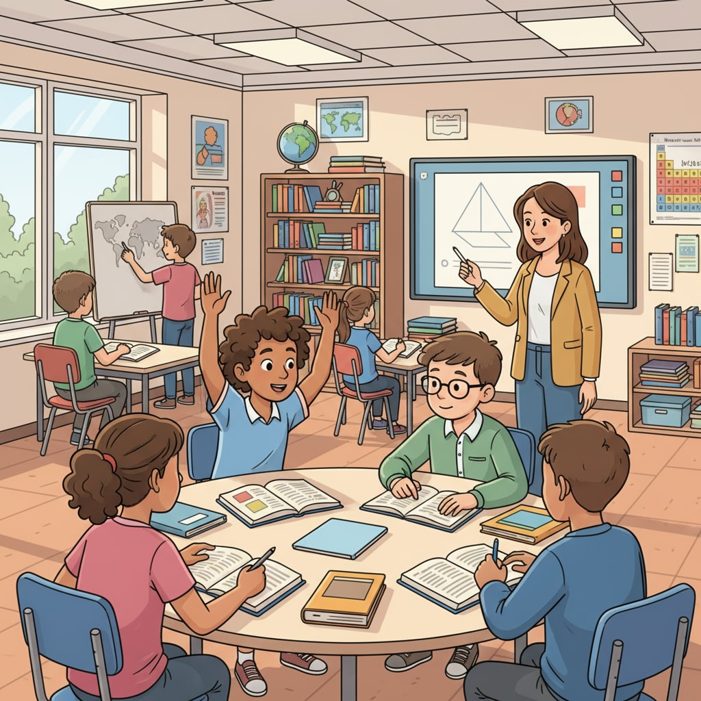 A group of students in a K12 classroom, actively engaged in learning activities, with books open and hands raised, showing their enthusiasm for learning. K12 students actively engaged in learning for lifelong success