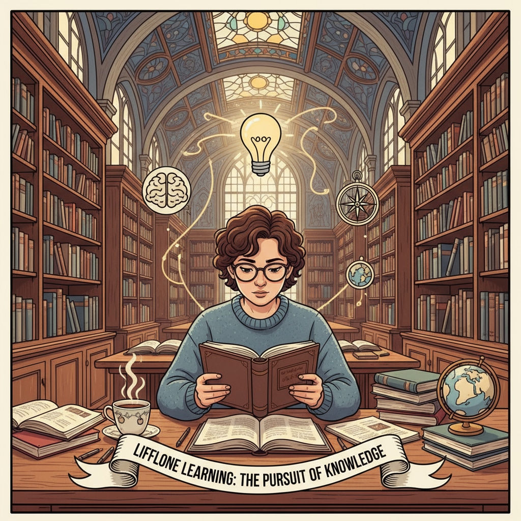 A person reading books in a library, surrounded by shelves of books, with a focused expression, symbolizing the pursuit of knowledge in lifelong learning. Individual pursuing lifelong learning through reading in a library for success