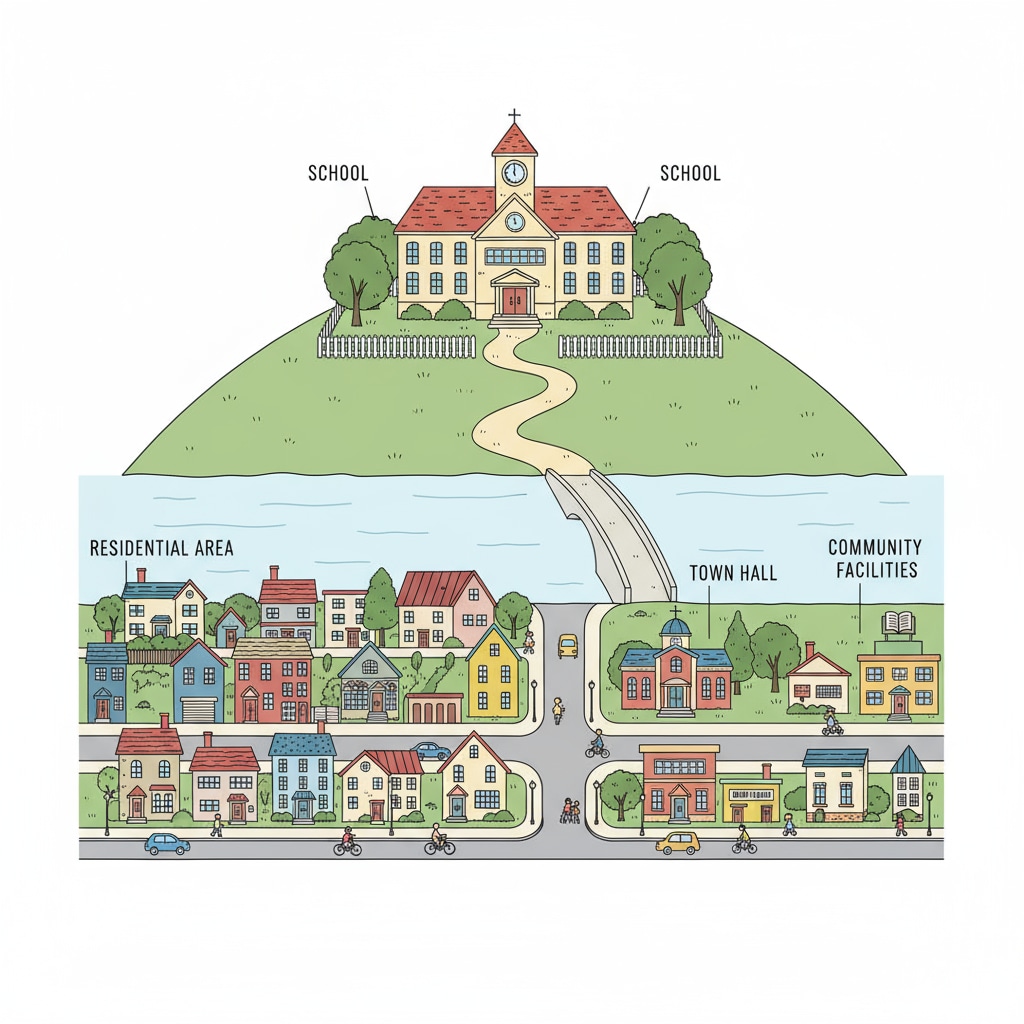 A small town scene where a school building stands apart from the surrounding houses and community facilities, showing a visual representation of the separation. A view of a small town with a school system seemingly disconnected from the community