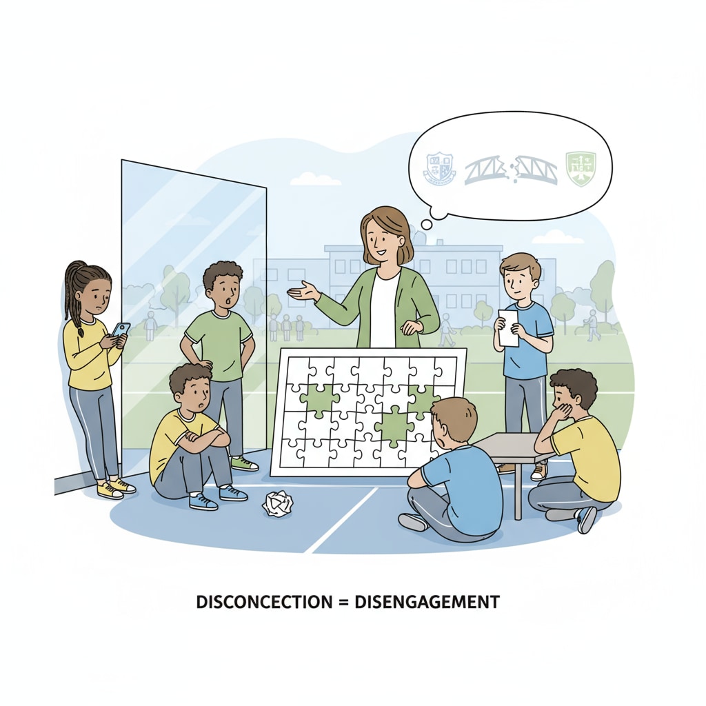 A group of students looking disinterested during an activity, symbolizing the negative impact of the lack of community - school connection on youth programs. Students unengaged in an activity due to the divide between school system and community