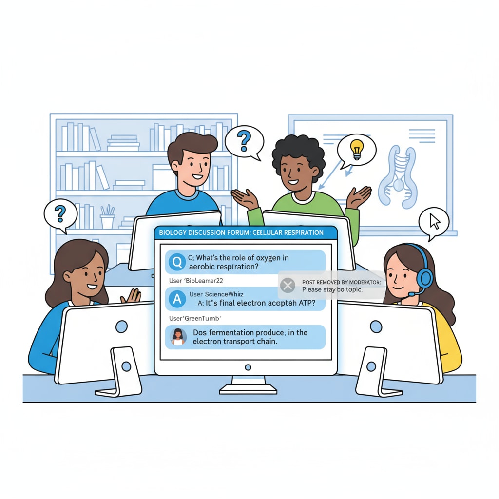 Students are engaged in an online forum discussion, with some posts visible and others potentially removed. Students participating in an online forum discussion in a K12 education setting where post removal without explanation might occur