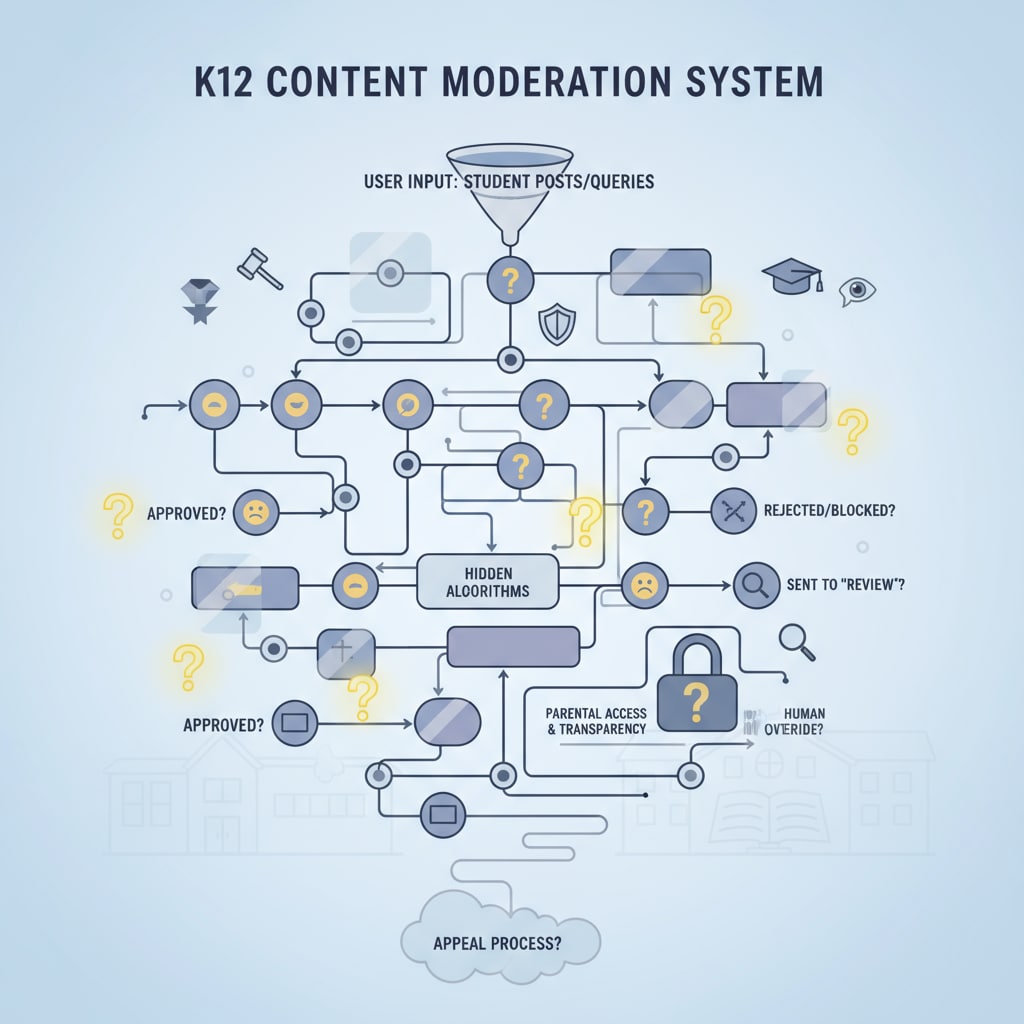 A visual representation of a complex and unclear content moderation system in K12 education, with question marks and hidden elements. A representation of an opaque content moderation system in K12 education related to post removal without explanation