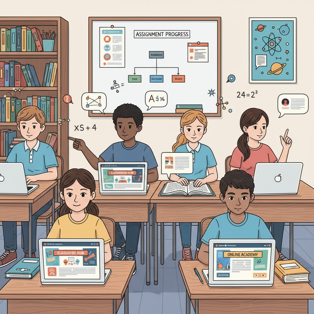 A group of students sitting at desks, using laptops to access online learning platforms to complete their high school assignments. High school students using online learning platforms for homework help, relevant to those with autism