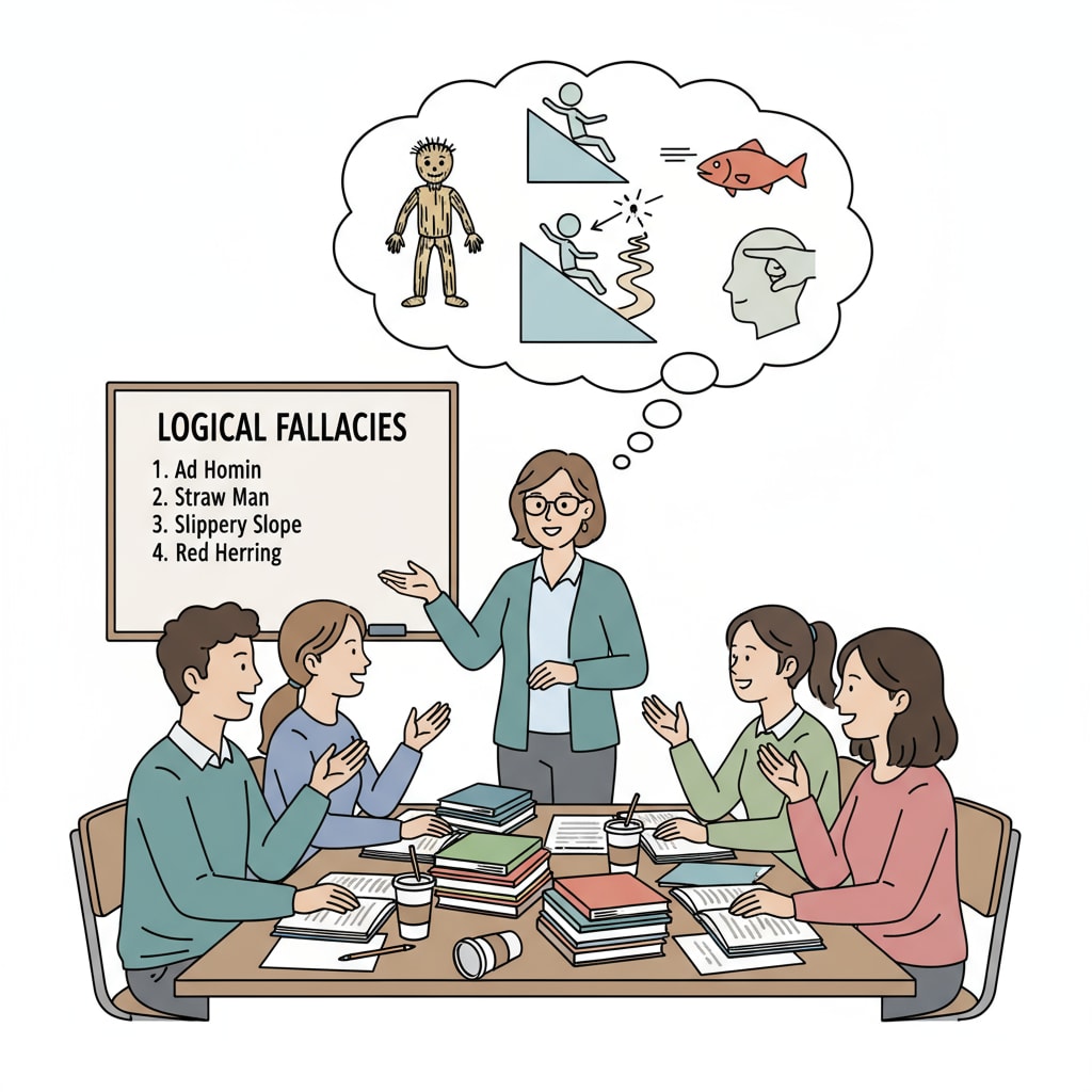 Students are engaged in a lively discussion about logical fallacies in a classroom setting, with books and papers spread out on the desks. Students discussing logical fallacies to enhance critical thinking and propaganda recognition