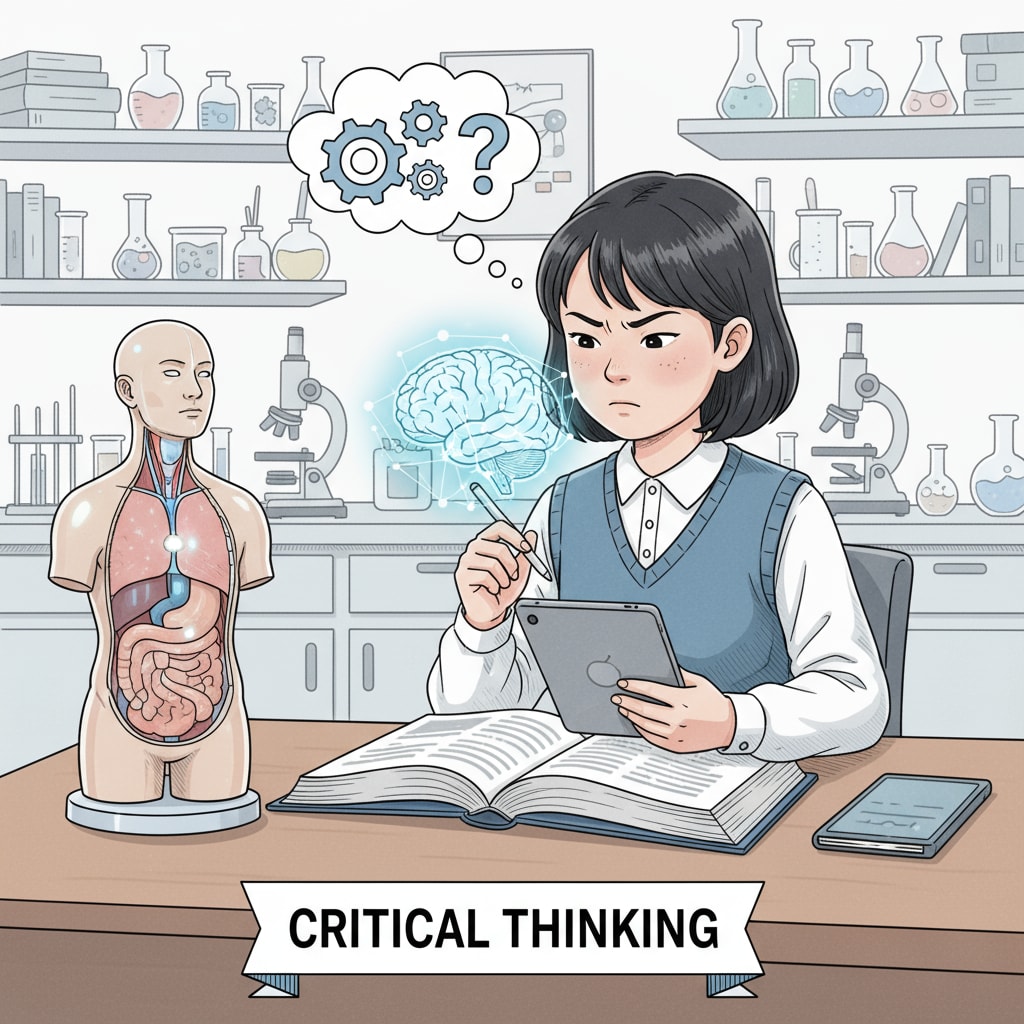 A student is sitting at a desk, concentrating on evaluating information, with a thoughtful expression on their face. A student using critical thinking skills to analyze information and recognize propaganda
