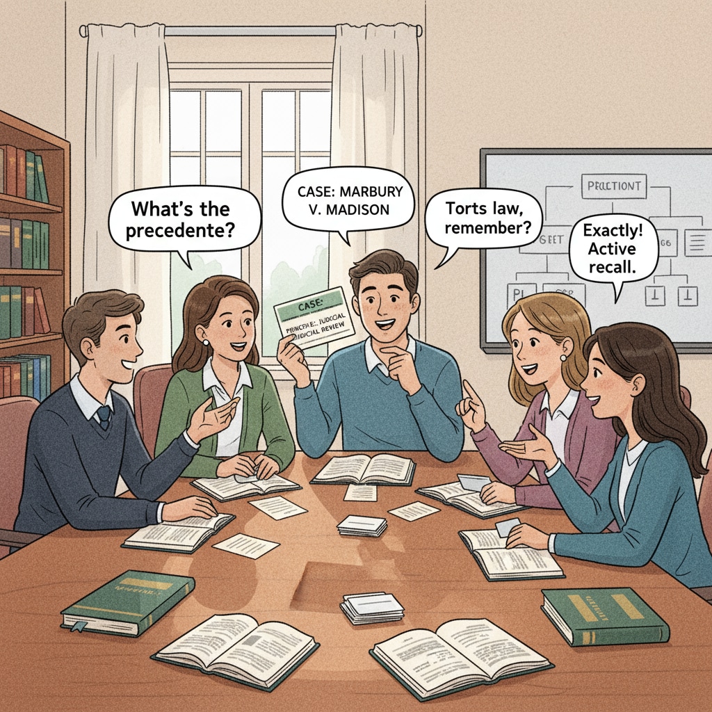 A group of law students are sitting around a table, actively discussing cases. Some of them are holding flashcards, which they use to quiz each other, demonstrating active recall in legal learning. Law students practicing active recall during a study session