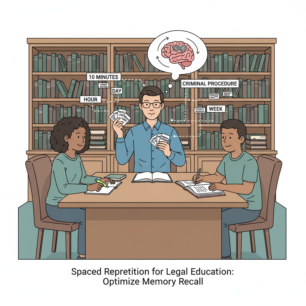 Law students are gathered in a study room. One student is going through a stack of flashcards at different intervals, following the principle of spaced repetition to enhance memory in legal education. Law students applying spaced repetition in their legal studies