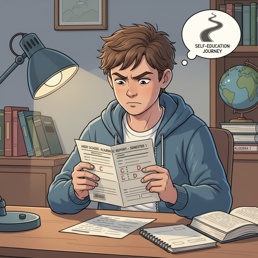 A student sitting at a desk, looking at a report card with a determined expression, ready to face the reality of their high school academic performance and start the journey of self-education. A student facing the reality of high school academic performance for self-education and self-improvement.