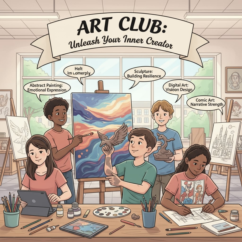 A group of students participating in an art club activity, exploring their creative strengths, which is an important part of self-discovery and self-improvement after high school academic setbacks. Students exploring their strengths through art club activities for self-improvement after high school academic challenges.