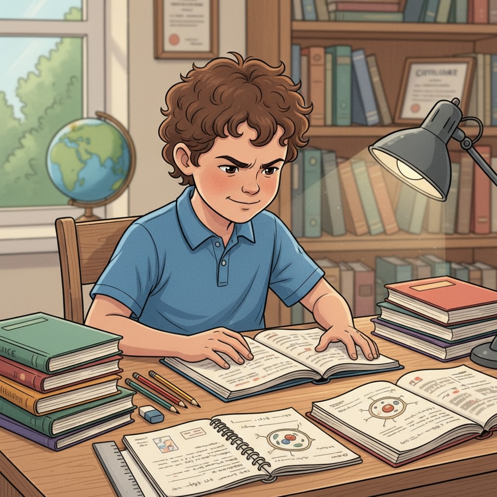 A student is sitting at a desk, with a determined look on their face, surrounded by books and notebooks, ready to start studying. A student preparing to study to overcome high school educational deficiencies and improve key skills