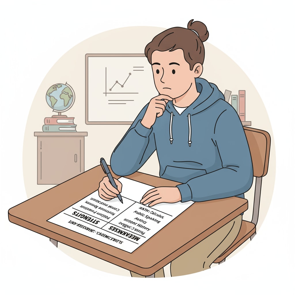 A student is writing on a piece of paper, listing their strengths and weaknesses in different subjects as part of self - assessment for high school educational improvement. A student conducting self - assessment to address high school educational deficiencies and enhance key skills