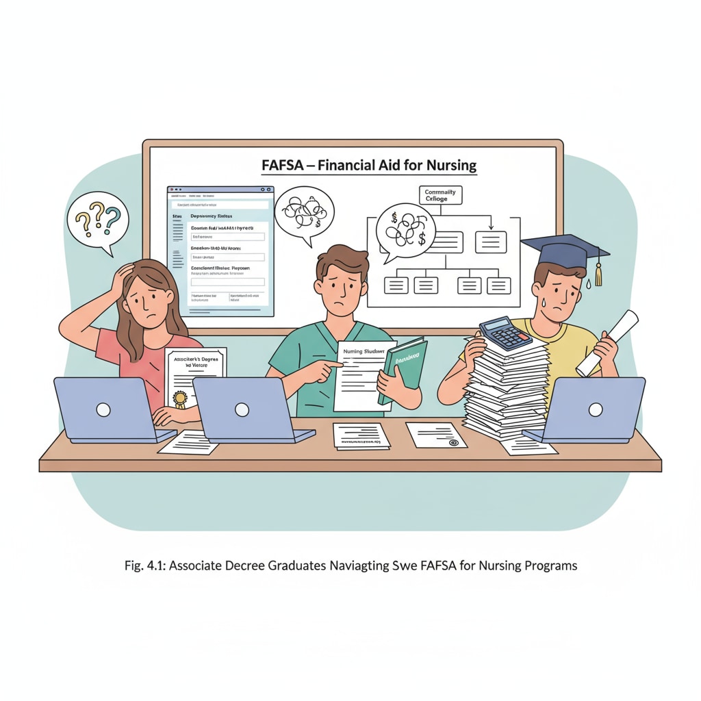 An illustration showing students with associate degrees looking confused while filling out FAFSA forms for nursing courses Students with associate degrees facing difficulties with FAFSA for nursing courses