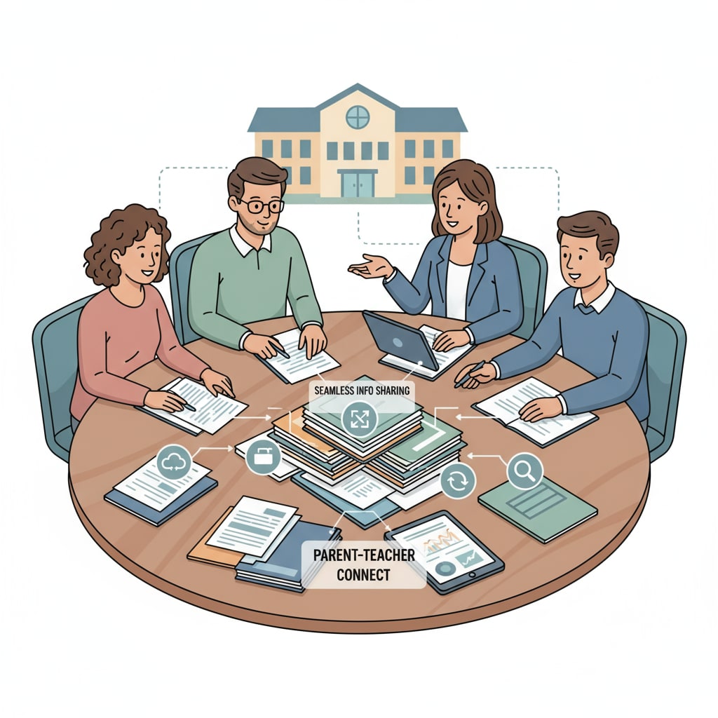 A group of parents and teachers are engaged in a discussion, with documents and folders on the table, indicating the importance of seamless information sharing in school-parent communication. A scene of parents and teachers discussing, related to school bureaucracy, parent communication, and information management