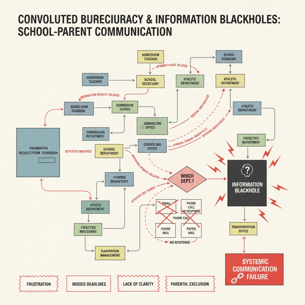 A complex flowchart showing the convoluted bureaucratic processes within a school, highlighting the issues in information flow between schools and parents. A flowchart depicting bureaucratic processes in school, relevant to school bureaucracy, parent communication, and information management