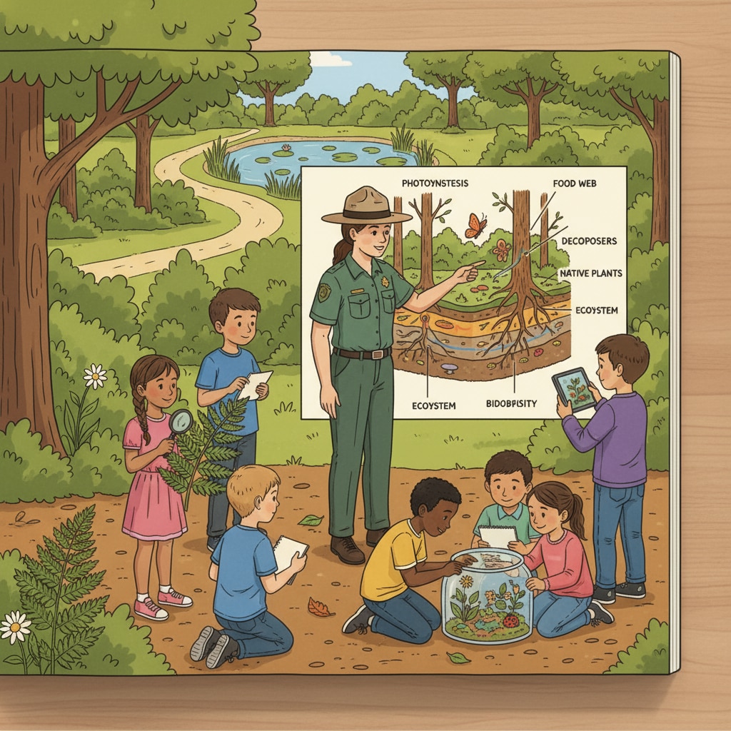 A group of K-12 students are actively engaged in an outdoor environmental learning activity, observing plants and learning about ecosystems. K-12 students participating in conservation education outdoor activity for environmental protection and social change