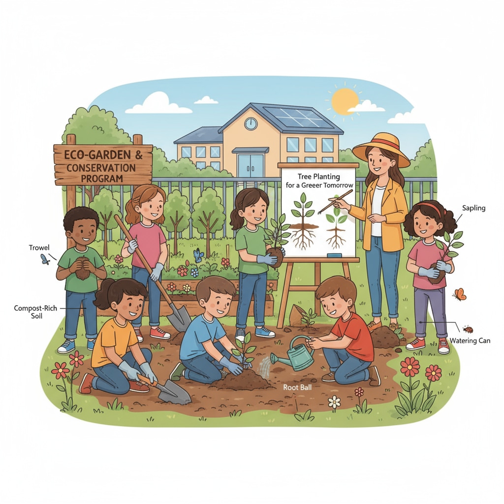Students are seen planting trees in a school garden as part of a conservation education program, demonstrating their practical action towards environmental protection. K-12 students' tree-planting activity in school garden for conservation education related to environmental protection and social change