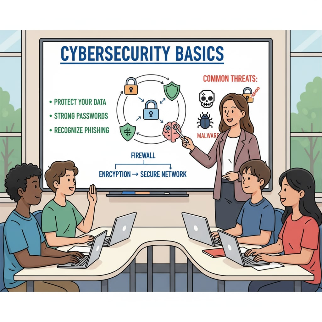 A group of students is attentively listening to a teacher who is explaining cybersecurity concepts on a whiteboard. There are diagrams and notes related to cyber threats and safety measures. Students learning about cybersecurity through teacher's explanation to boost student engagement in educational methods.