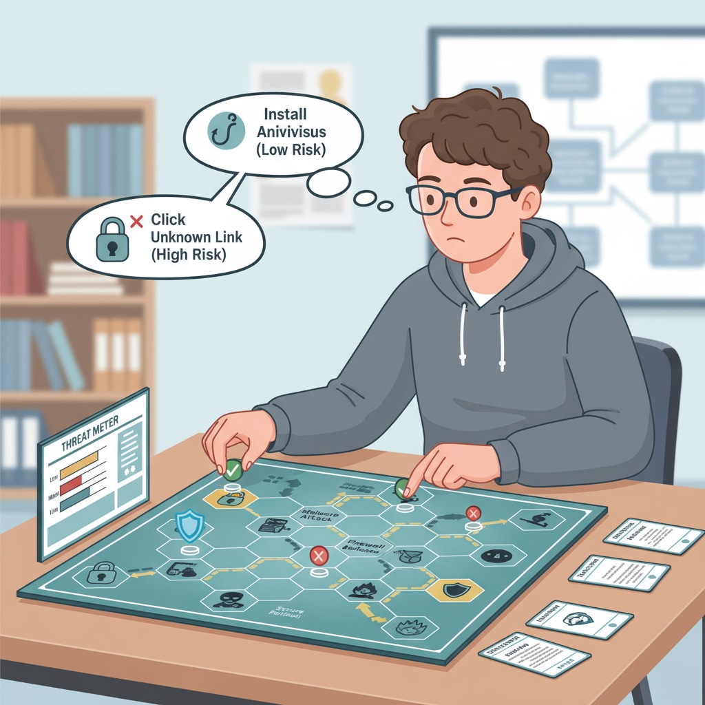 A student is actively playing a cyber security-themed board game. The game board has various scenarios related to online threats and the student is making decisions to counter them. Student engaging in a gamified approach to learn about cybersecurity as an educational method.