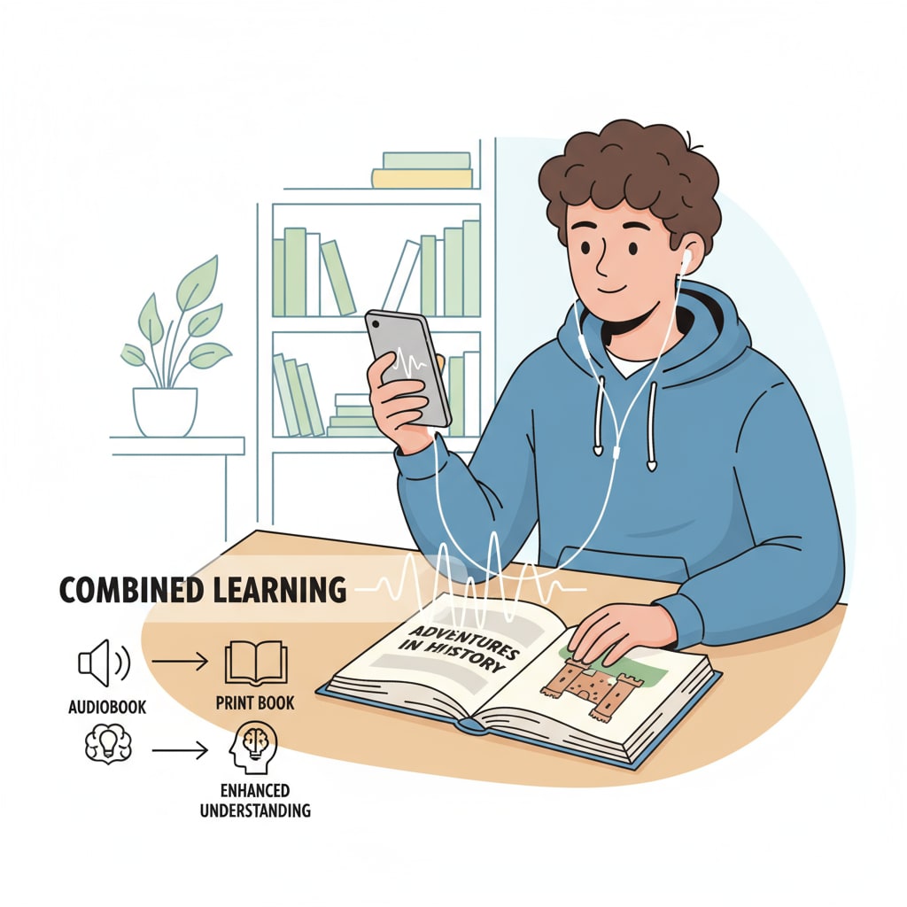 A student is using a mobile device to listen to an audiobook while also looking at a printed book, demonstrating the combination of audiobook and traditional reading. A student engaged with both audiobook and traditional reading in language arts education