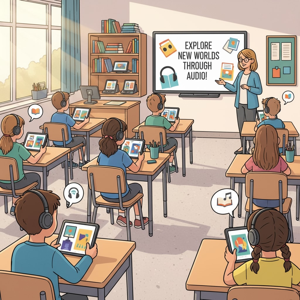 A classroom scene where students are using tablets to listen to audiobooks, highlighting the integration of technology in language arts education. Students using tablets for audiobooks in language arts education