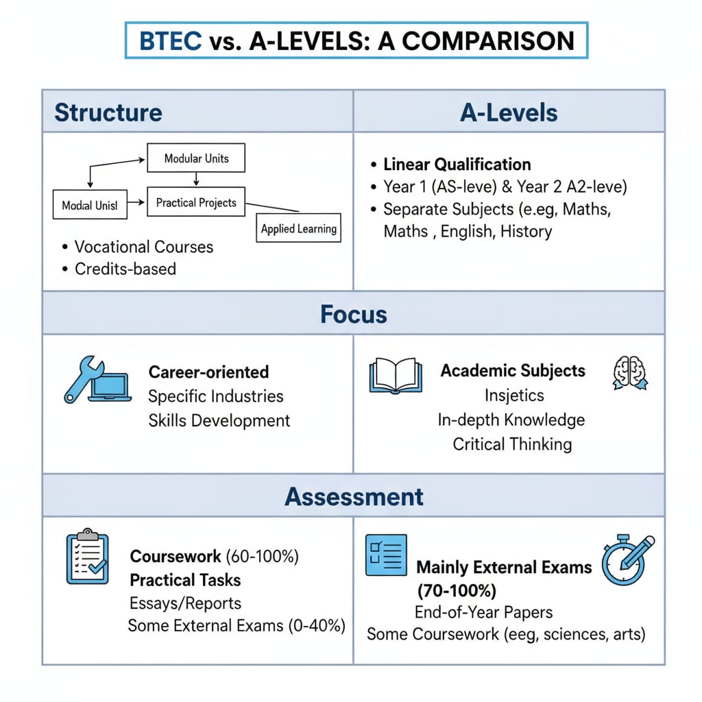 A comparison chart showing the differences between BTEC and A-levels in terms of structure, focus, and assessment methods. Comparison of BTEC and A-levels for Japan study abroad applications