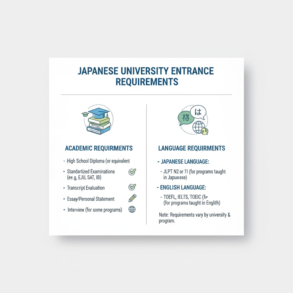 An infographic presenting the general entrance requirements for Japanese universities, including academic and language requirements. Japanese university entrance requirements relevant to BTEC and A-levels holders