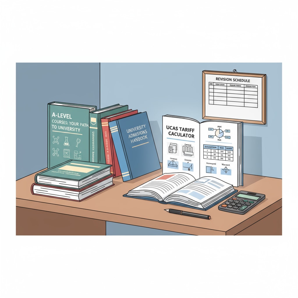 A student is sitting at a desk, surrounded by books related to UCAS points calculation and A-Level courses, showing a focused and studious state. A student studying materials related to UCAS points and A-Level for foundation year courses