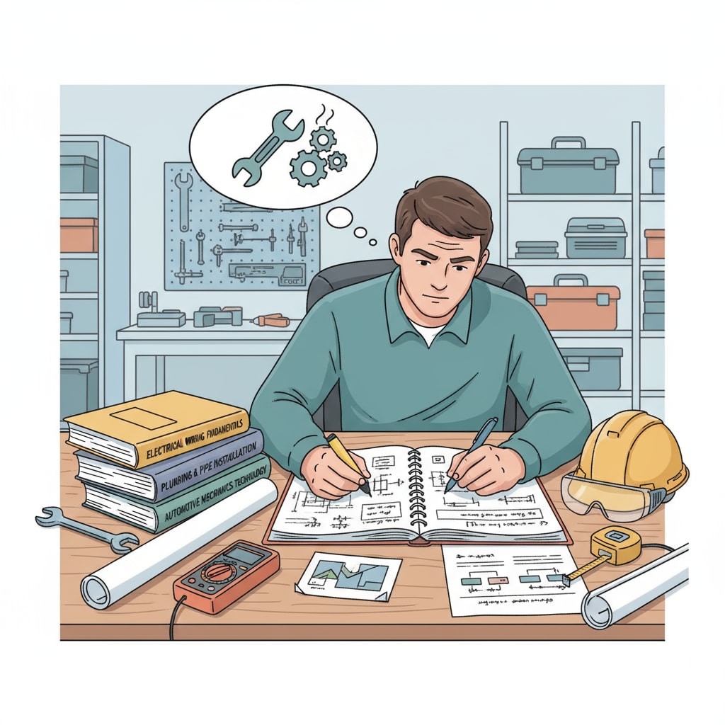 A person is seen reading vocational course textbooks and taking notes, highlighting the process of learning vocational skills. A person studying vocational courses to gain UCAS points for A-Level foundation year courses