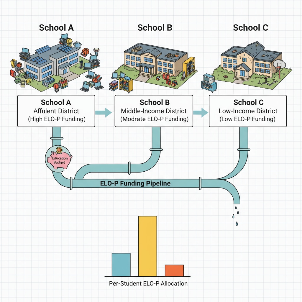 A graphical representation of the unequal distribution of resources among different schools under ELO-P. A graph showing the uneven distribution of ELO-P resources among different schools