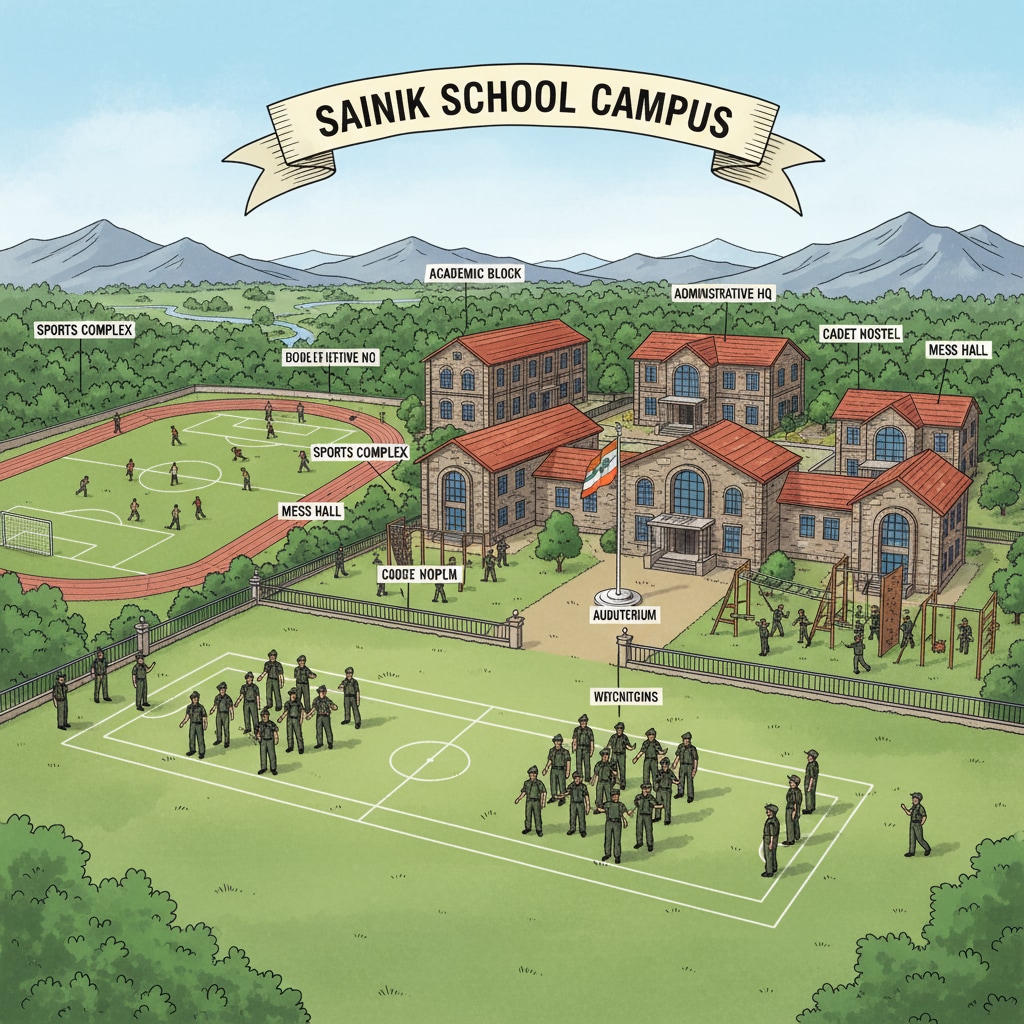 A panoramic view of a Sainik School campus, showing its buildings, playgrounds, and students in uniform. Sainik School campus view related to AISSEE entrance exam