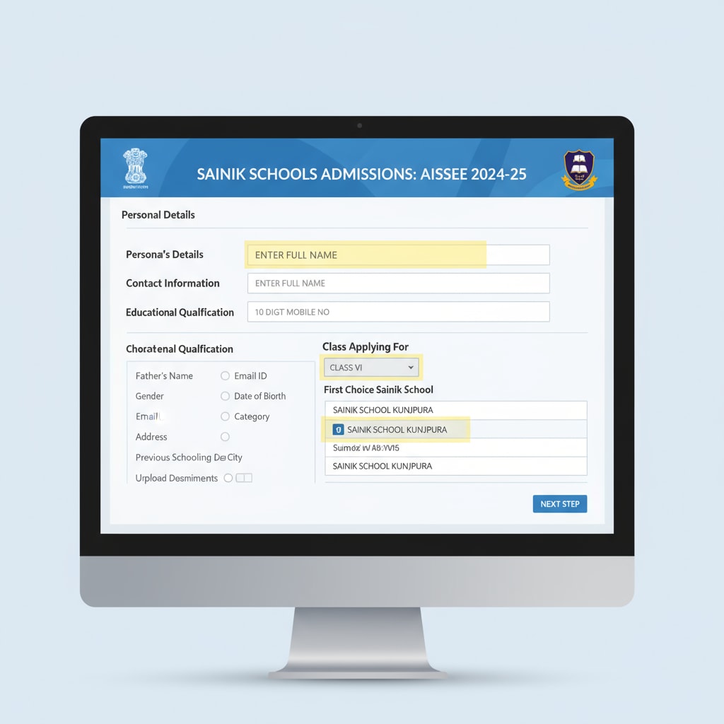 A screenshot of an online application form for the Sainik School AISSEE, highlighting the fields to be filled. Online application form for Sainik School AISSEE entrance exam