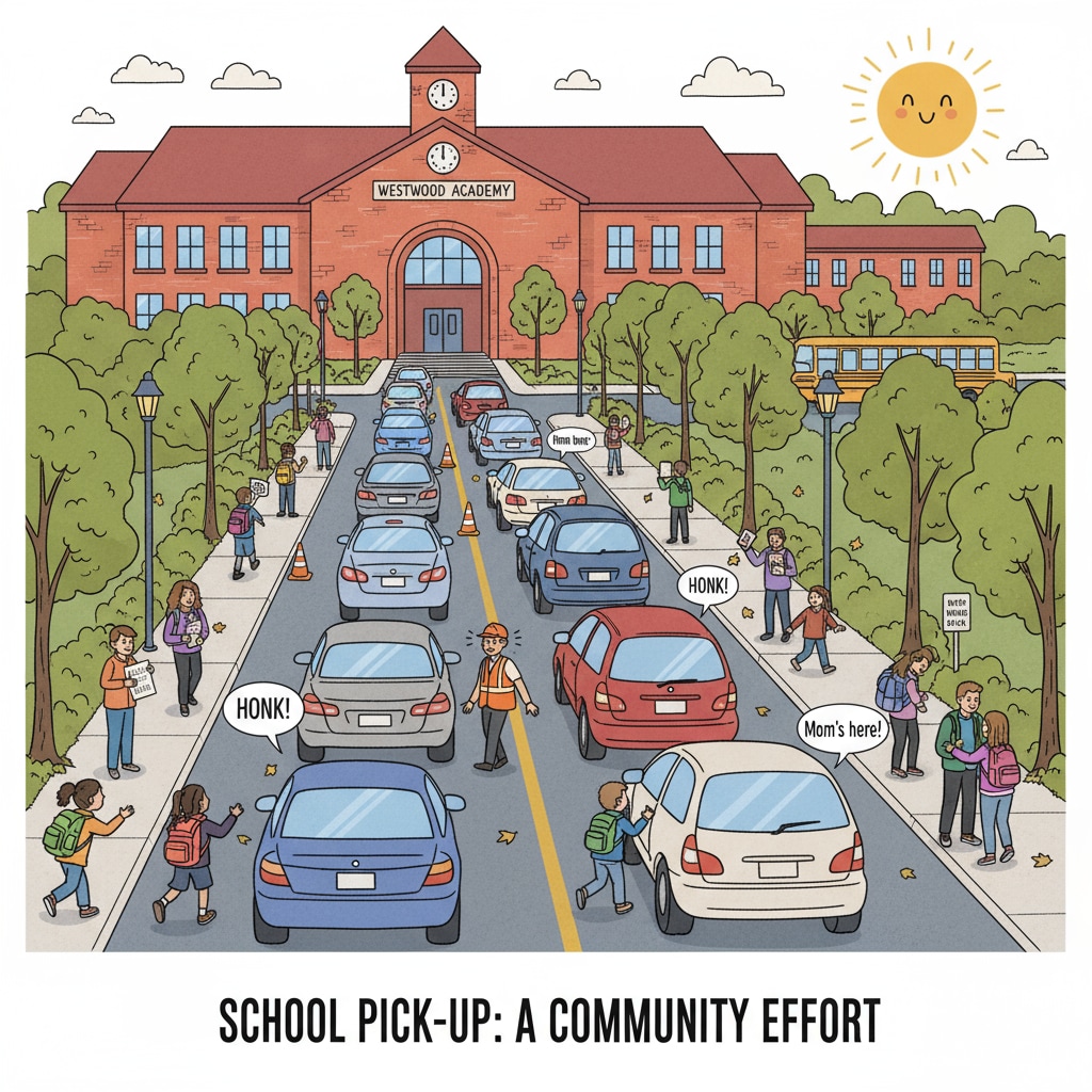 School pick-up traffic congestion scene