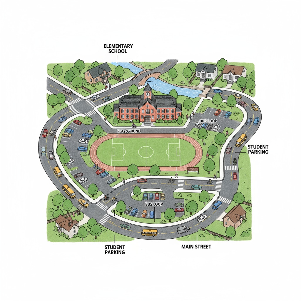 Aerial view showing school's traffic situation with limited parking and busy roads