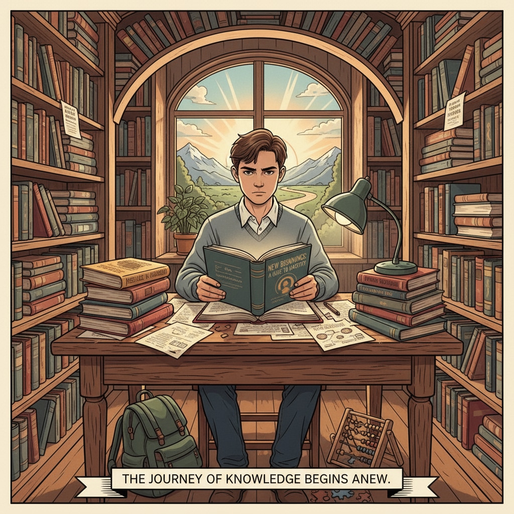 A young person sitting at a desk, looking determined while surrounded by books, symbolizing the start of a new educational journey after setbacks. A young person preparing for a new start after academic failure, reapplication, or academic exclusion.