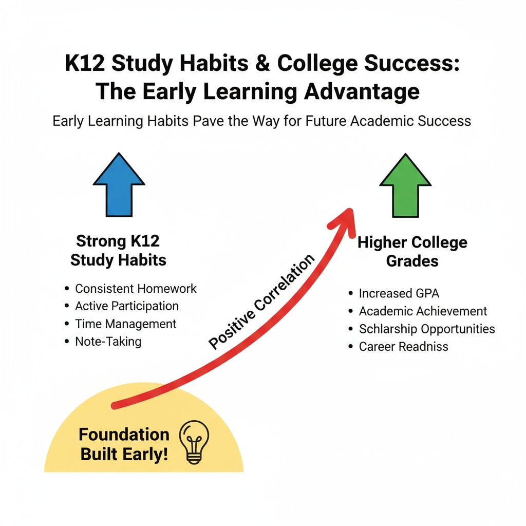 A graph showing the correlation between K12 study habits and college grades, highlighting the importance of early learning habits. Graph depicting the connection between K12 study habits and college academic performance relevant to academic failure, reapplication, or academic exclusion.