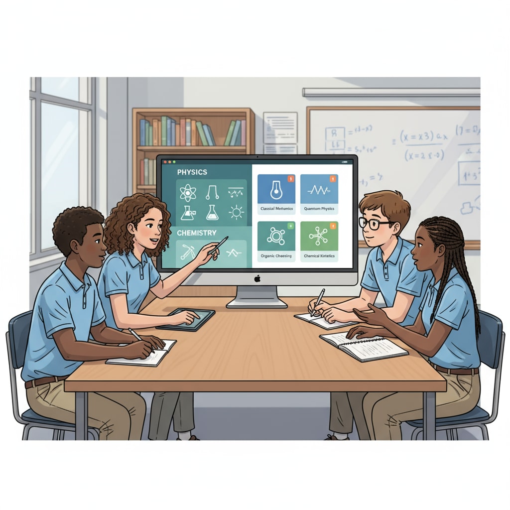 High school students discussing physics and chemistry online learning options for the health field