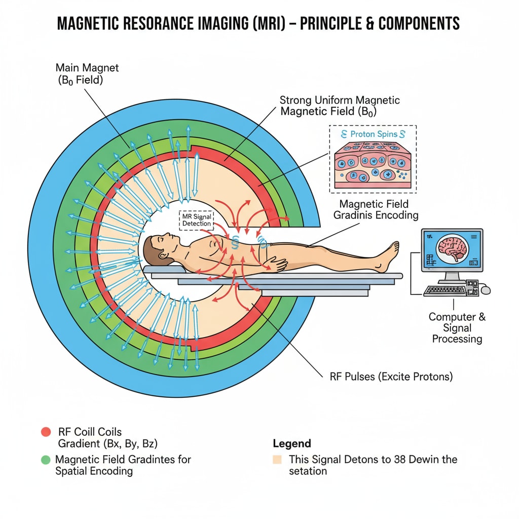 Diagram of magnetic fields in an MRI machine for understanding physics in the health field