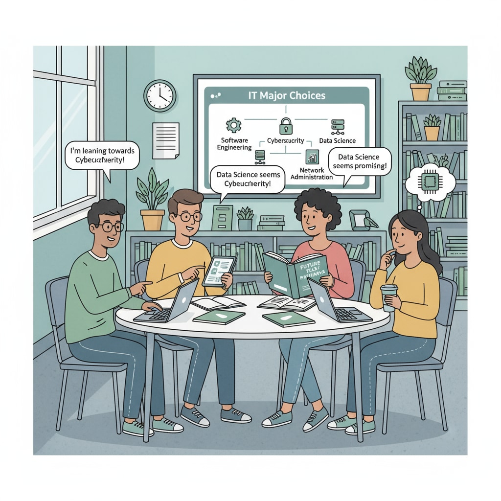 A group of students discussing their IT major choices in a modern classroom Students discussing IT major choices for future development